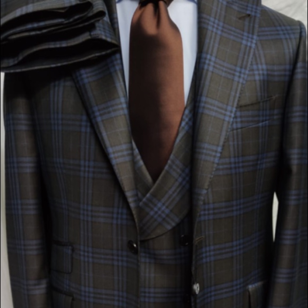 3 piece navy and blue plaid wool suit with vest